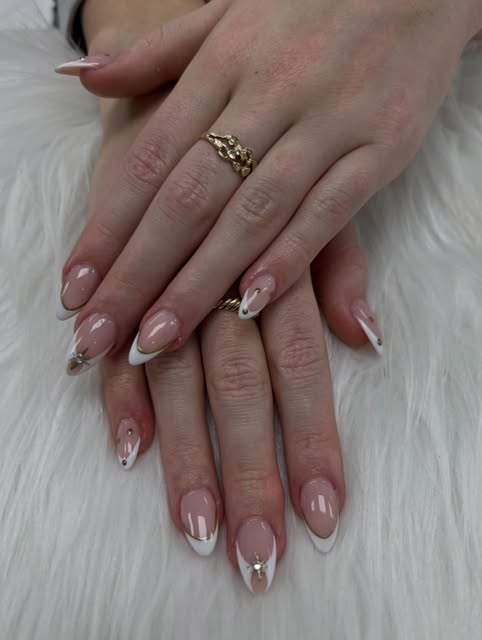 Nude french almond set with gold accents and tiny rhinestones