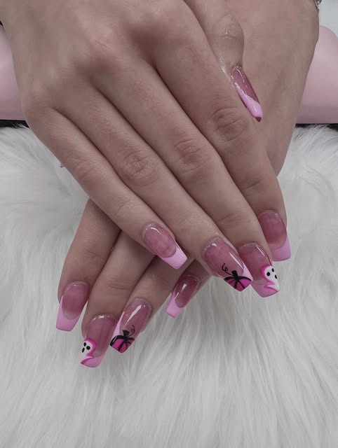 Pink ombré coffin set with hand-painted bows