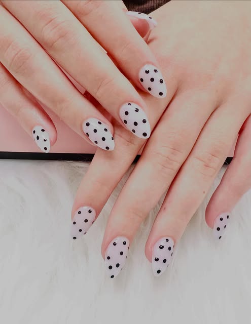Pale pink almond set with black polka dots